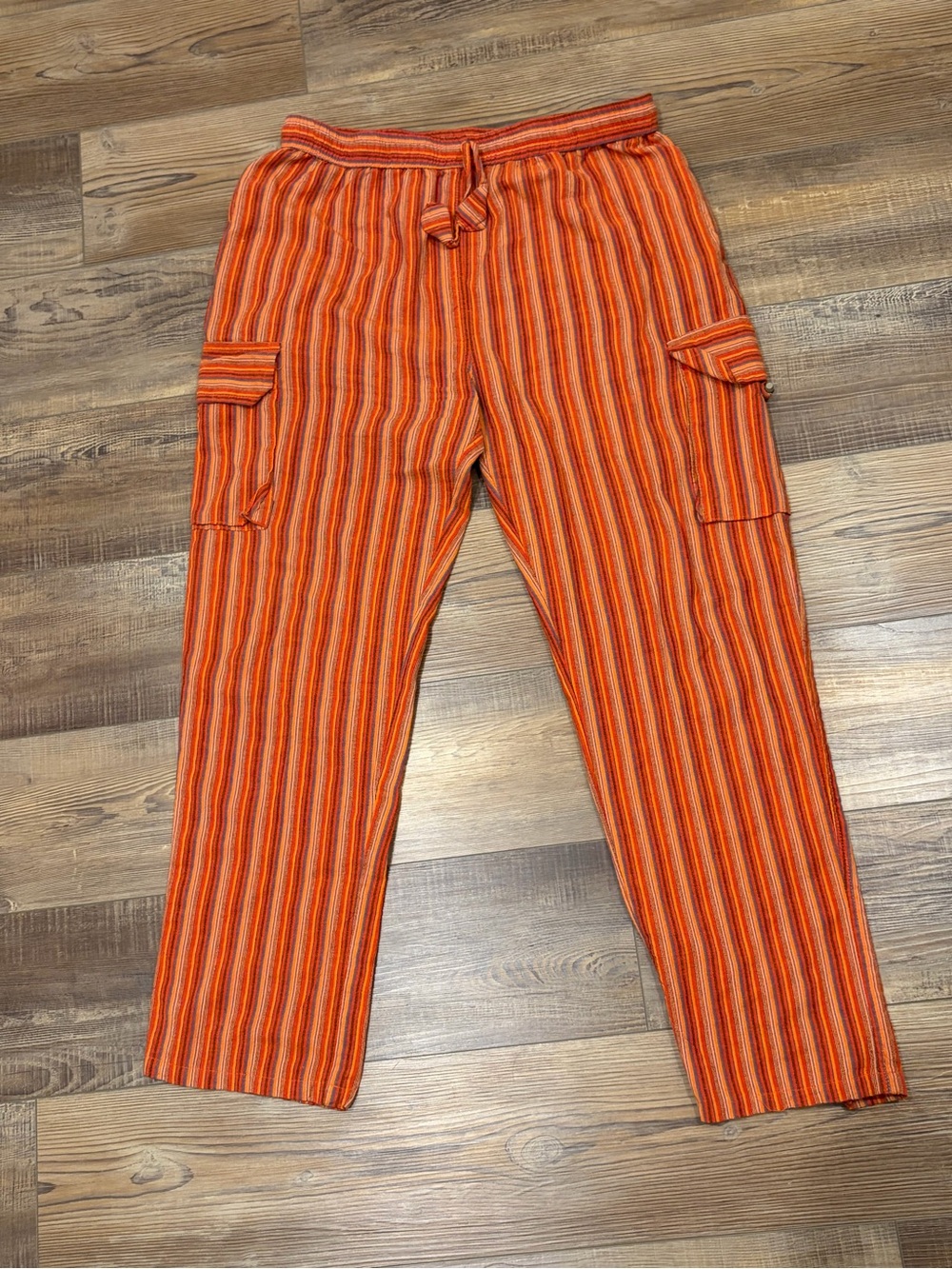 Boho 100% cotton made in Nepal  Orange yellow striped Cargo straight relax Pants